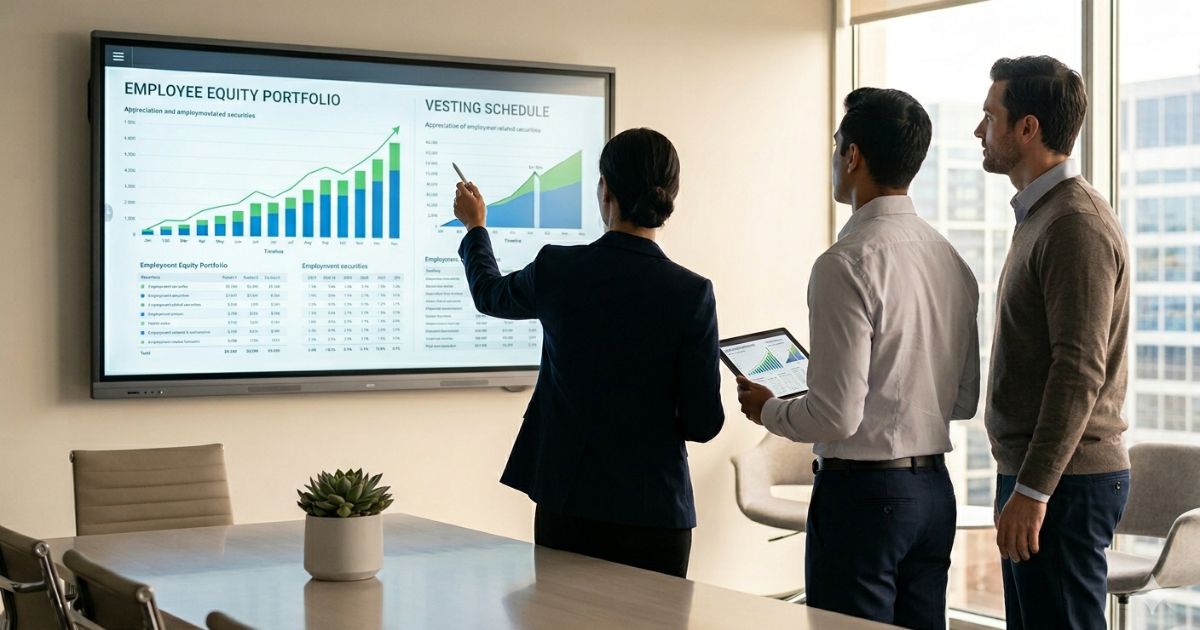 3 tax professionals looking at a vesting schedule presentation