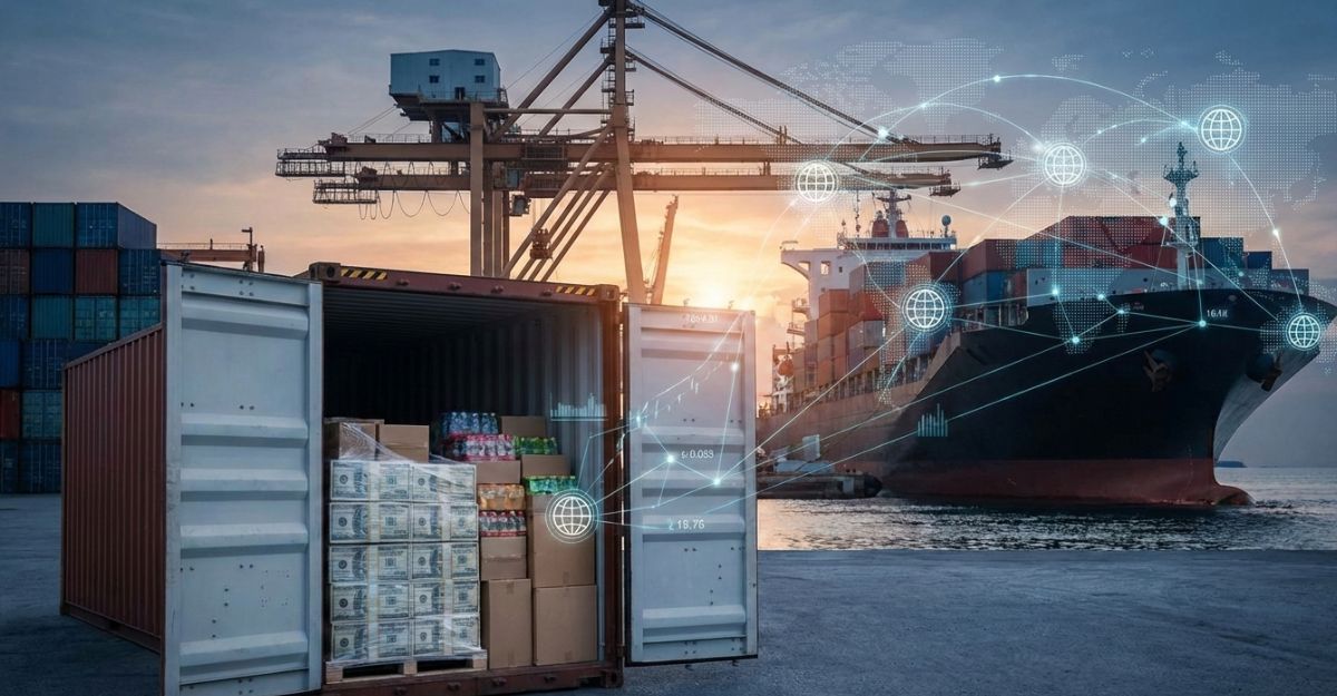 A container with money and good in a port