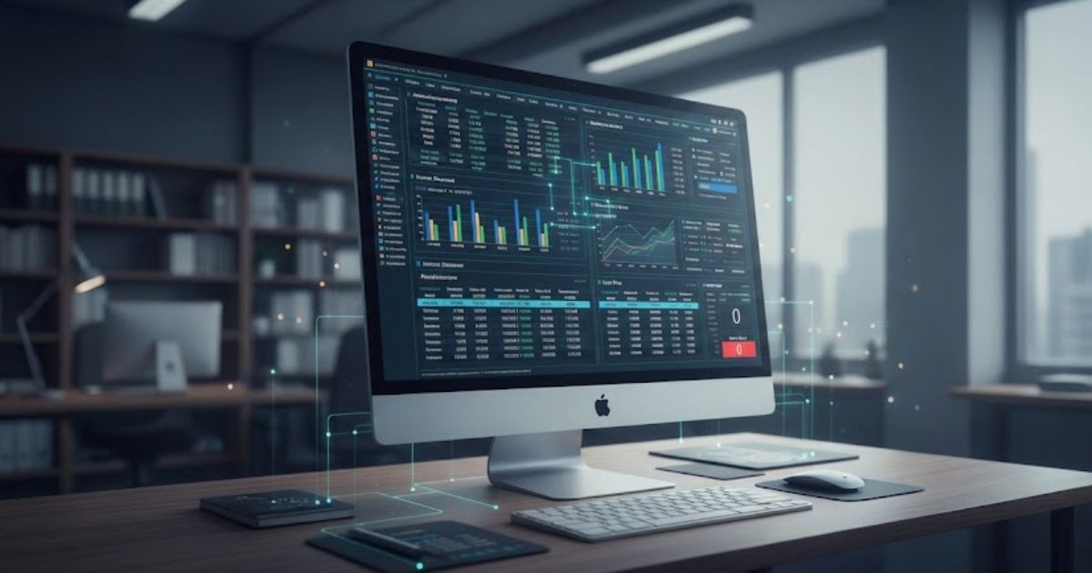 a MacBook showing a financial model