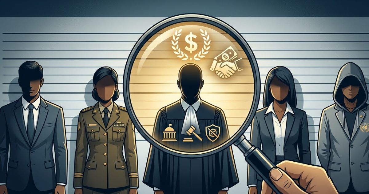 A police lineup with a magnifying glass