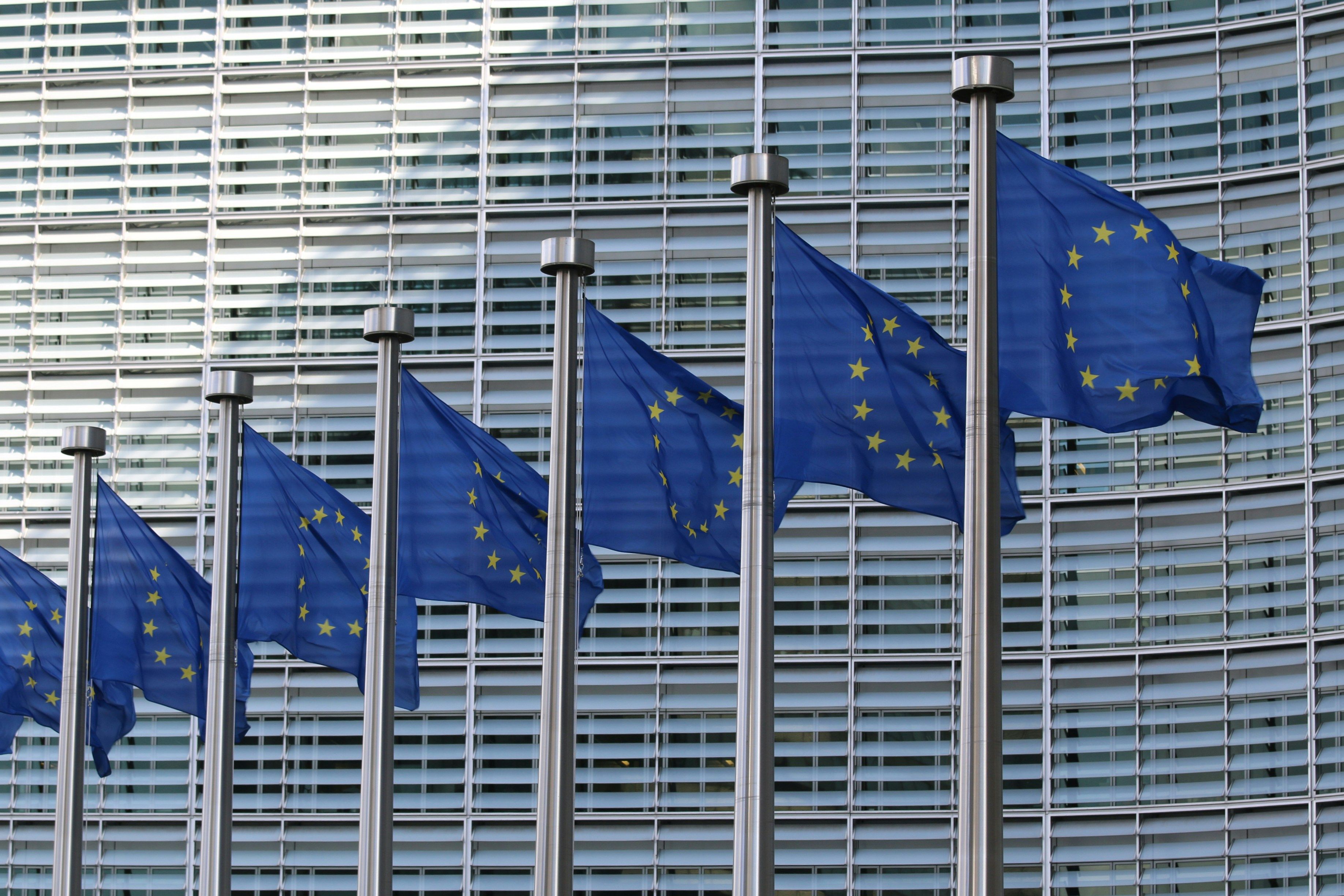 A row of EU flags in front of an office building