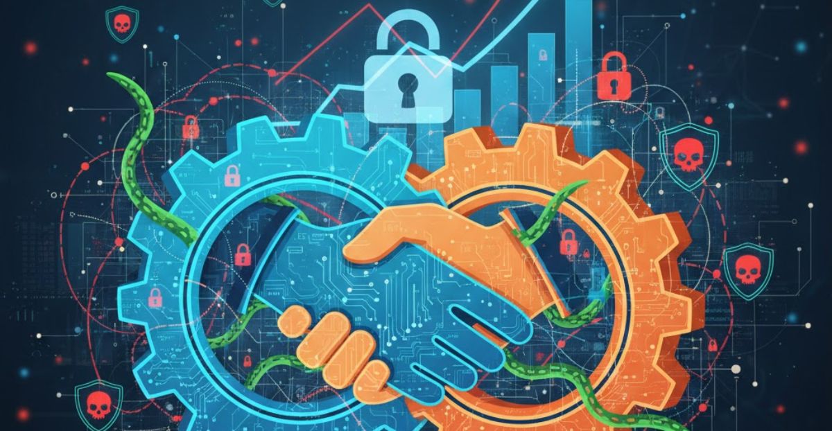 Graphic showing two hands shaking inside cogs