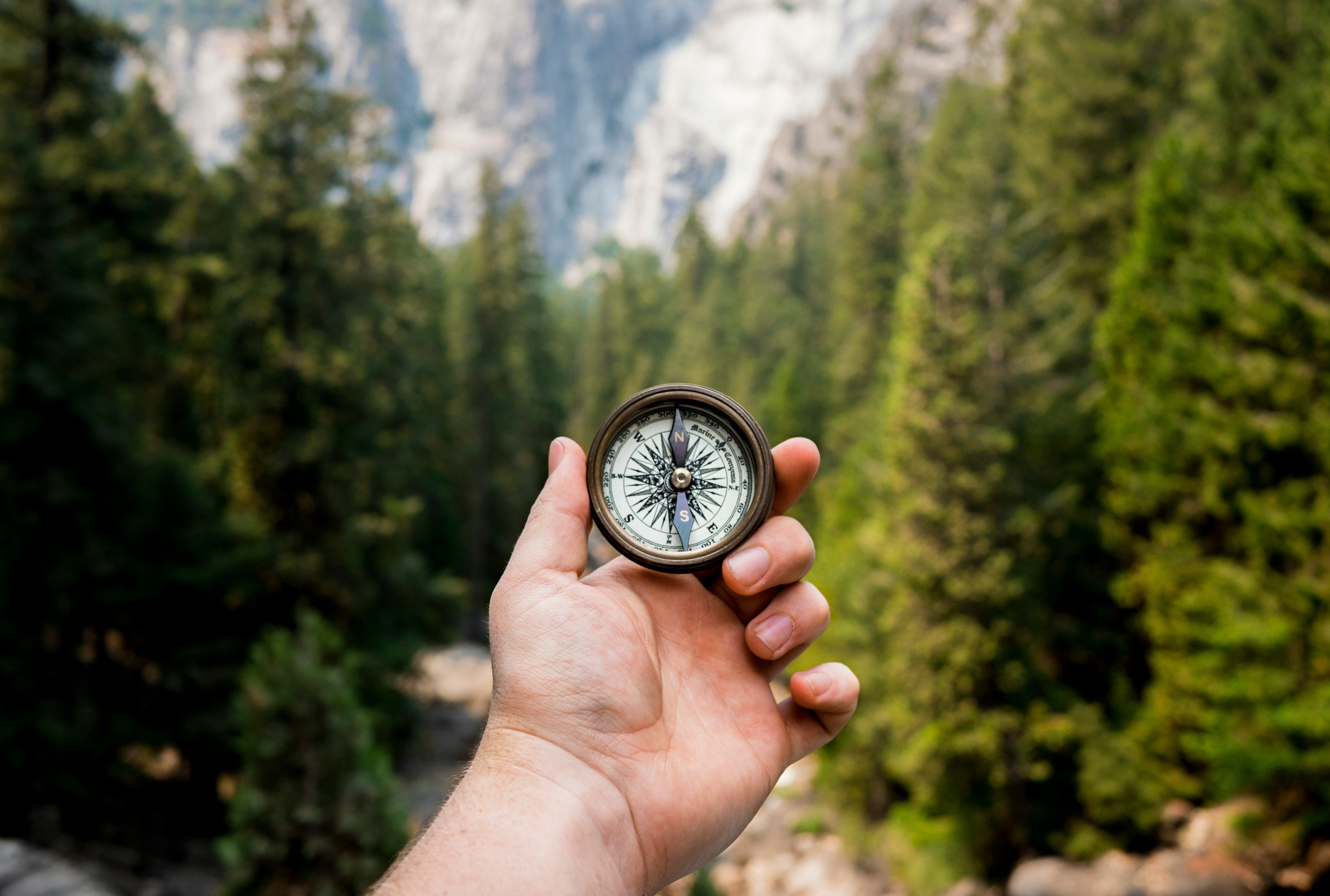 Man holding a compass in a forest