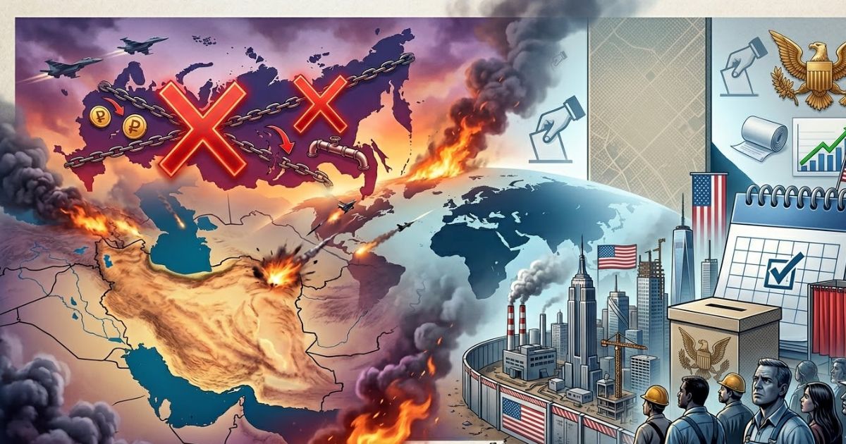 Missiles launching over a World map with a border around a US city