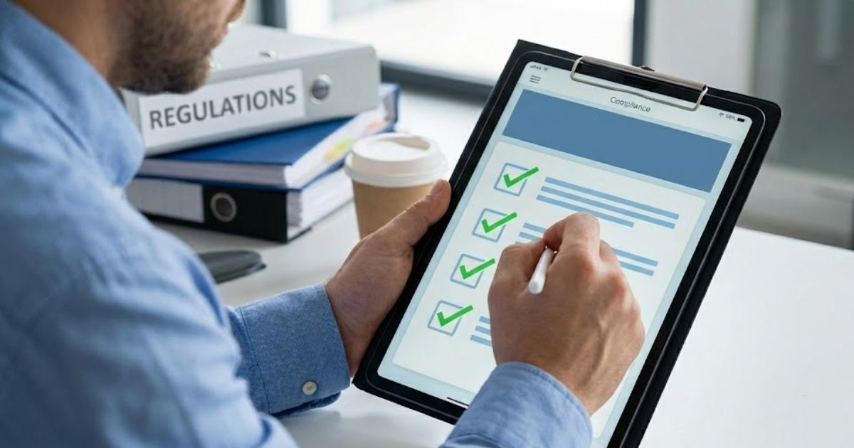 Professional man ticking off items on a tablet