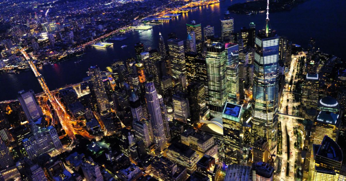 Night time view of the Financial District in New York