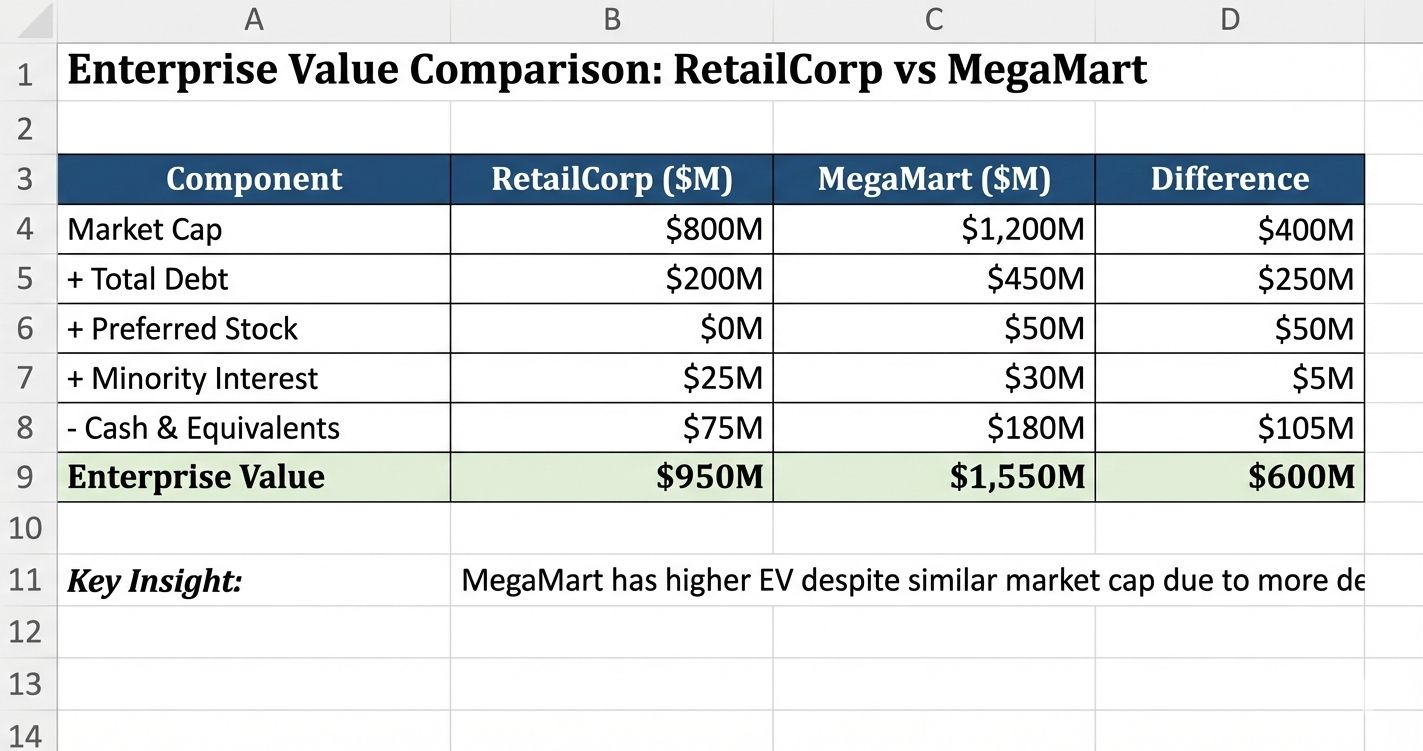 Table to show Enterprise Value Comparison: RetailCorp vs MegaMart