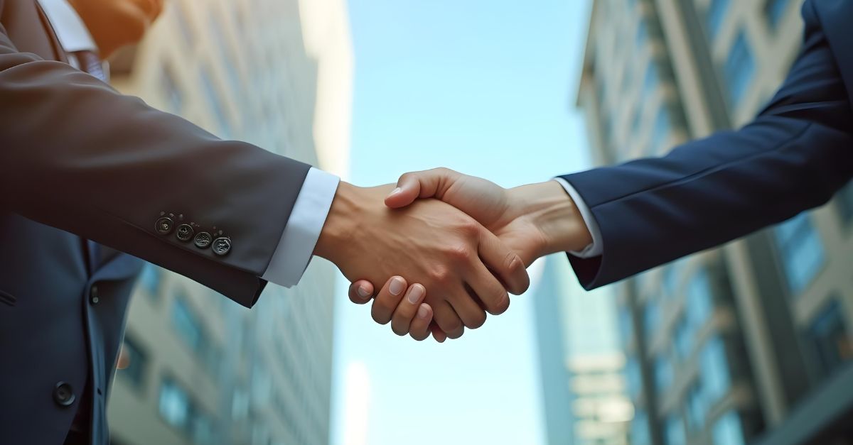 Two corporate men shaking hands